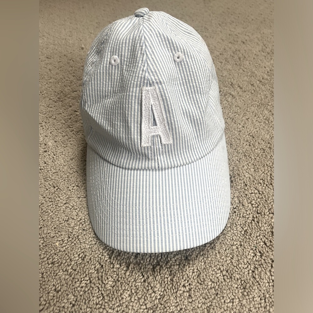 Kids Blue Seersucker “A” Hat, adjustable.